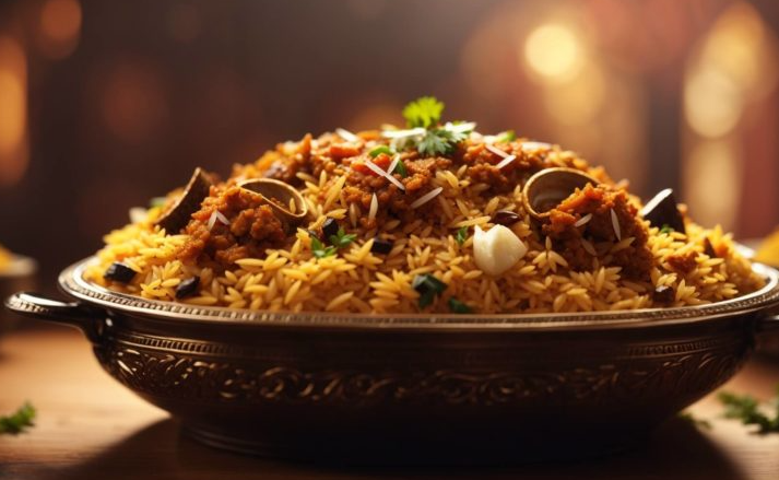 Saffron chicken biryani with golden basmati rice and aromatic spices