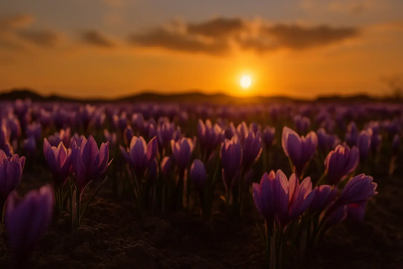 Purple saffron flowers in warm evening light