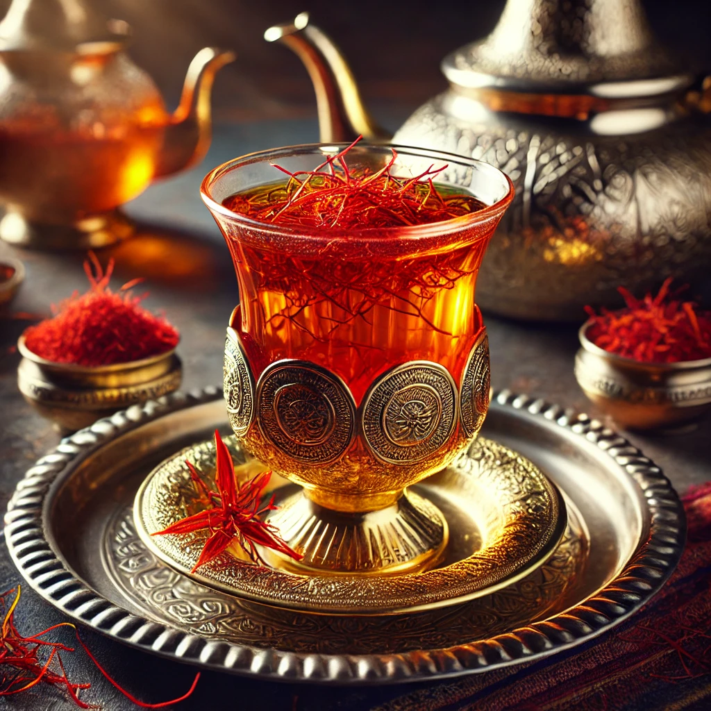 Moroccan-style saffron tea served in a glass with fresh mint and lemon