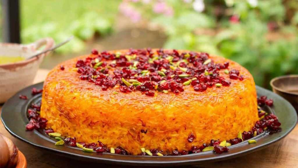 Golden saffron rice tahchin with chicken and a crisp crust