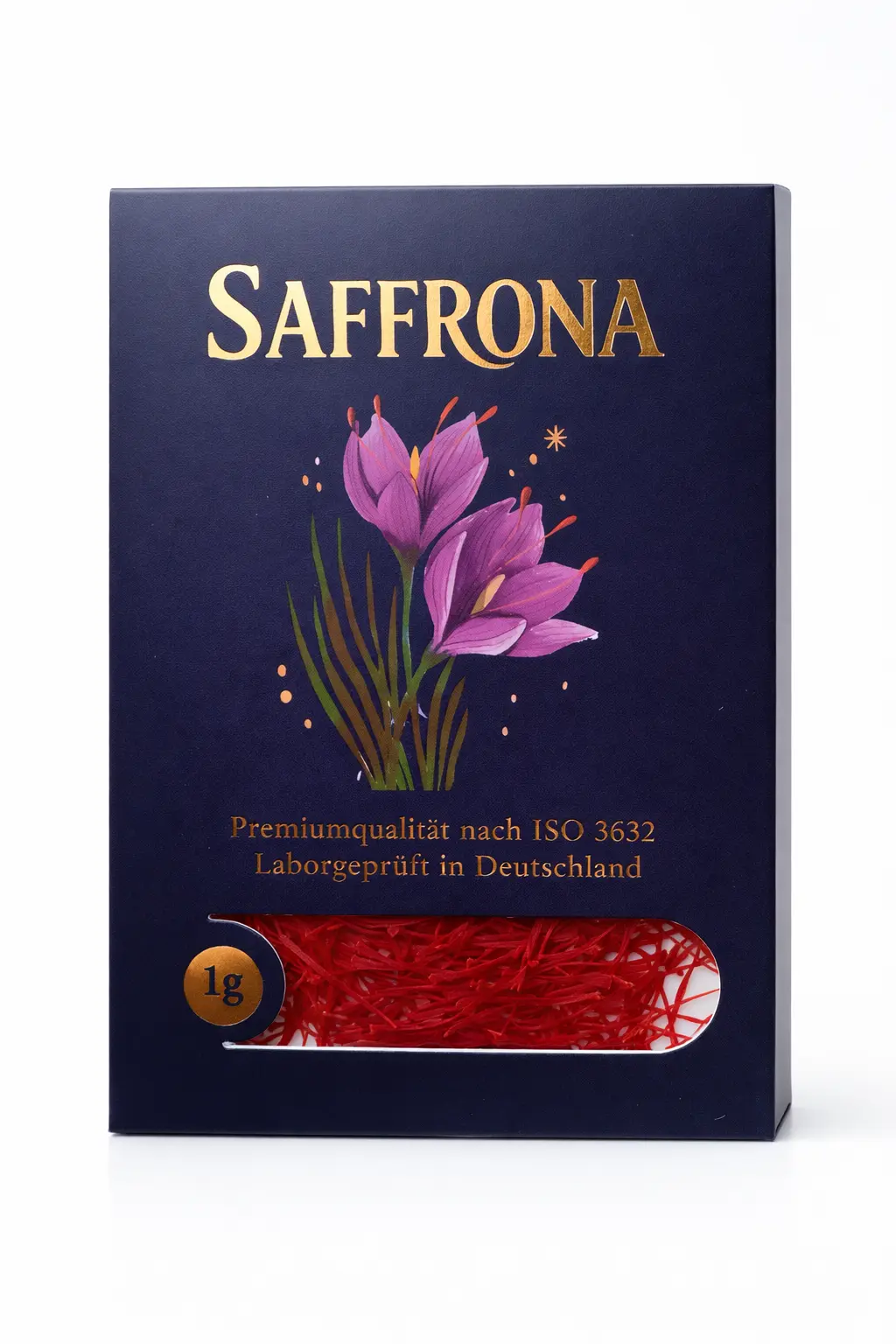 Saffrona 1 g Afghan saffron threads in the signature dark-blue floral pack