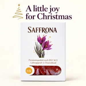 Saffrona saffron 0.5 g as a small Christmas gift, with a gold Christmas tree illustration beside the regular white pack