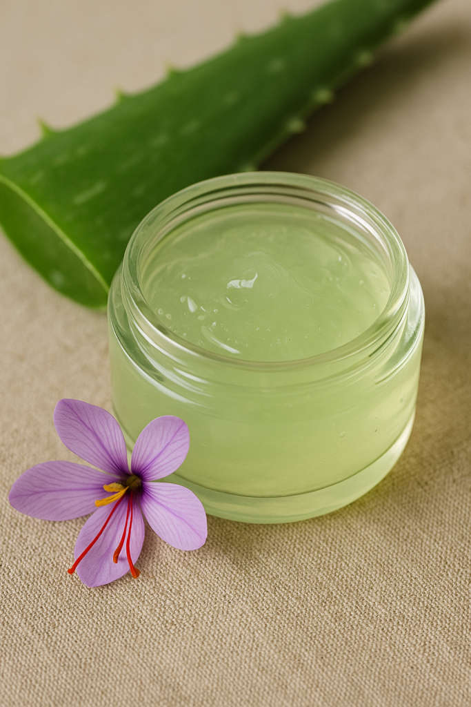 Aloe vera gel and saffron threads arranged for a botanical skincare blend