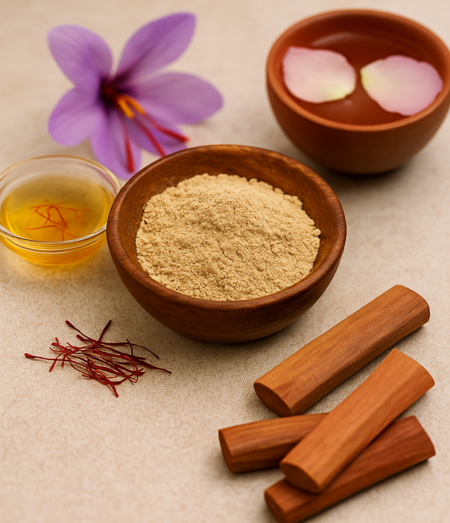 Saffron, sandalwood powder and rose water arranged for a botanical face mask