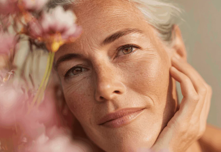 Close-up portrait of a woman beside pink flowers