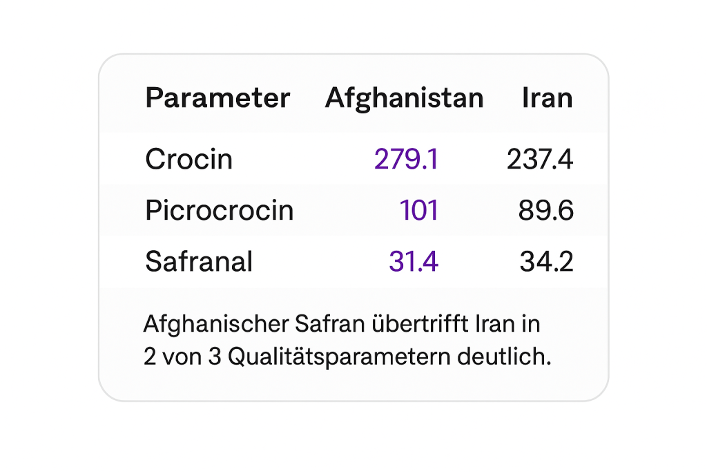 Illustrated saffron comparison; these values are not national averages or guarantees for any origin
