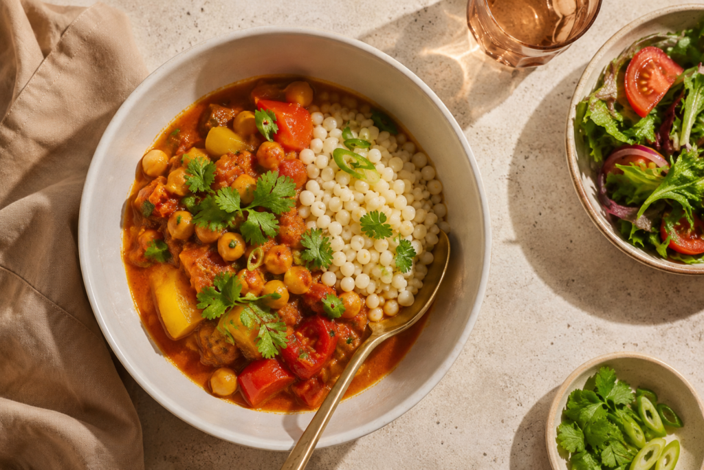 Saffron chickpeas and vegetables served with couscous and fresh herbs