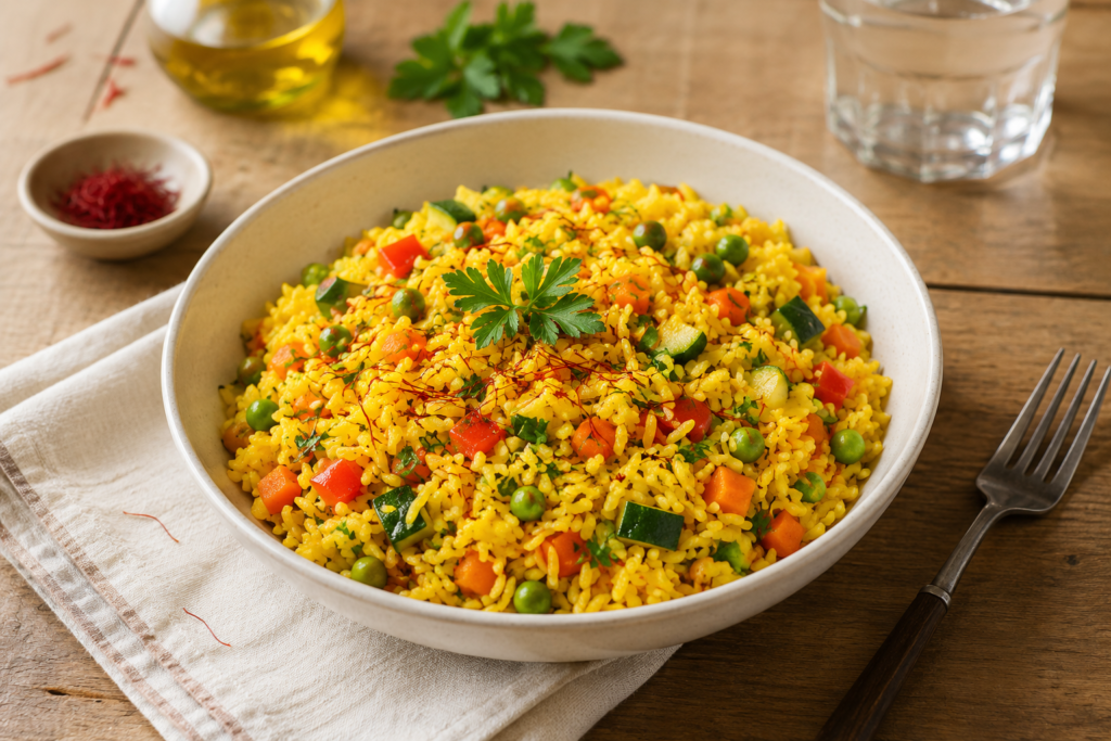 Vegetarian saffron rice with colourful vegetables in a ceramic bowl