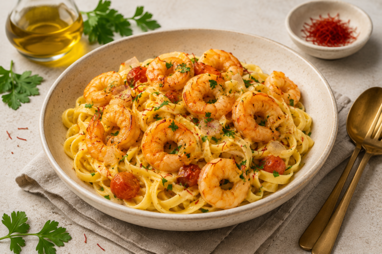 Serving suggestion with additional pasta. The side dish is not included in the shrimp recipe’s quantities or preparation time.