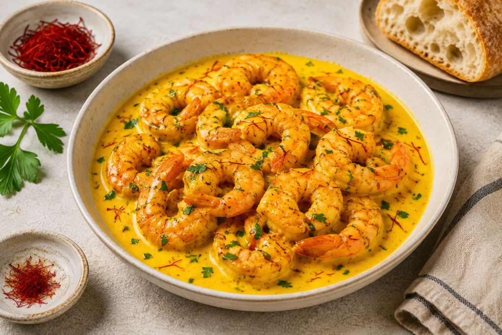 Saffron shrimp in a delicate golden sauce