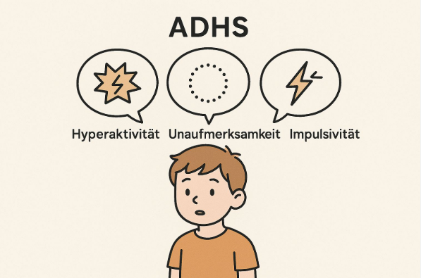 Graphic showing the core ADHD symptoms of hyperactivity, inattention and impulsivity