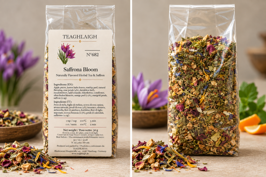 Saffrona Bloom herbal tea blend with flowers, fruit and saffron