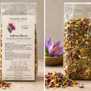 Saffrona Bloom loose flower tea with rose petals and Afghan saffron