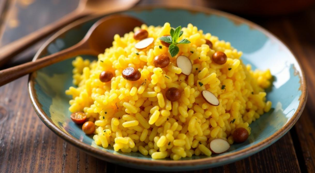 Safranreis mit Kalbfleisch und Gemüse – modernes deutsches Gericht mit goldgelber Farbe, serviert auf weißem Teller.