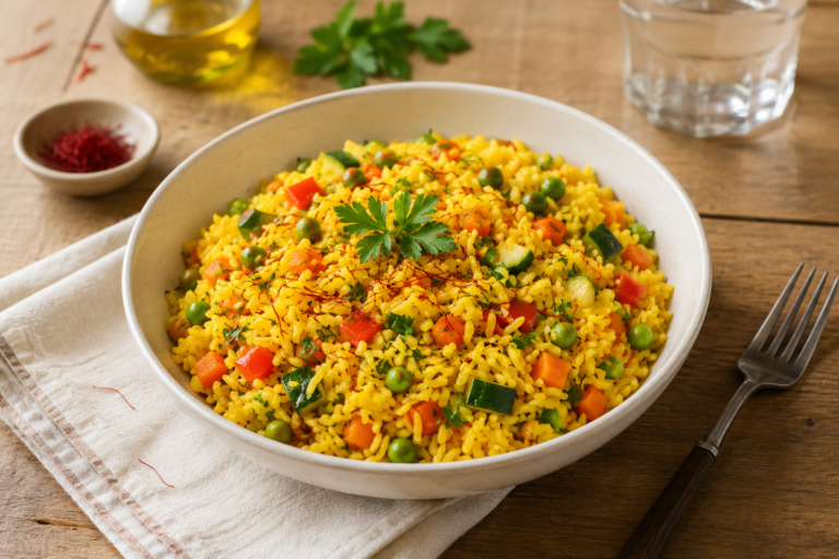 Vegetarischer Safranreis mit Gemüse und Afghanischem Safran in einer Keramikschüssel – aromatisches Safran Rezept für die moderne Küche