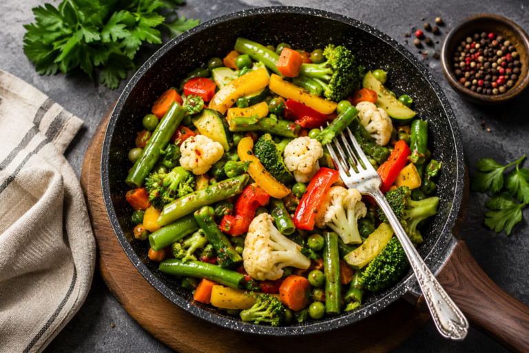 Gemüsepfanne mit Safran – buntes mediterranes Gemüse in der Pfanne mit Afghanischem Safran, leichtes vegetarisches Hauptgericht