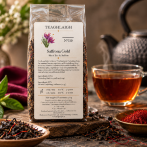 Saffrona Golden Darjeeling mit Safran – 40-g-Packung mit Teetasse und Safranfäden