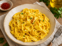 Safran-Pasta in 15 Minuten – goldgelbe Pasta mit Afghanischem Safran und feiner Safransauce, schnelles Rezept für die moderne Küche